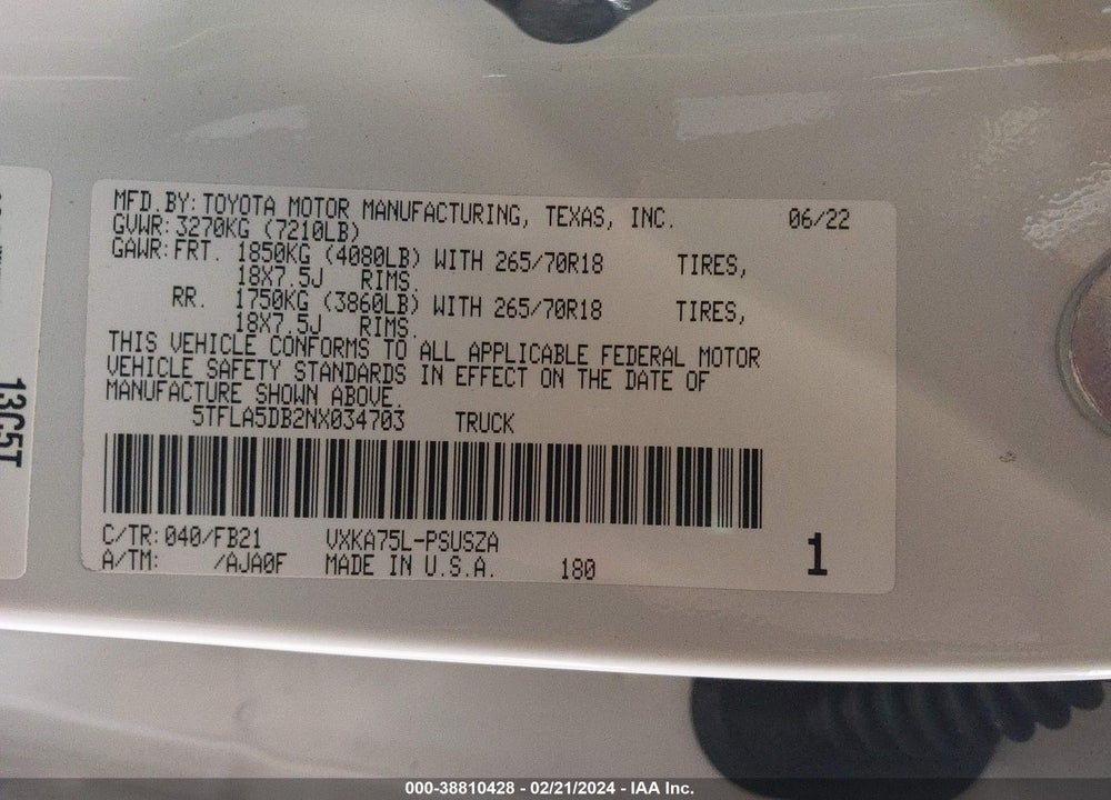 2022 TOYOTA TUNDRA SR5 VIN: 5TFLA5DB2NX034703