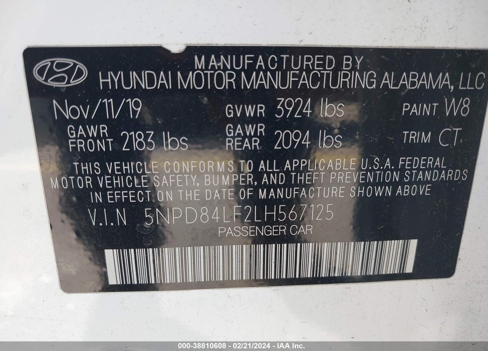 2020 HYUNDAI ELANTRA SEL VIN: 5NPD84LF2LH567125