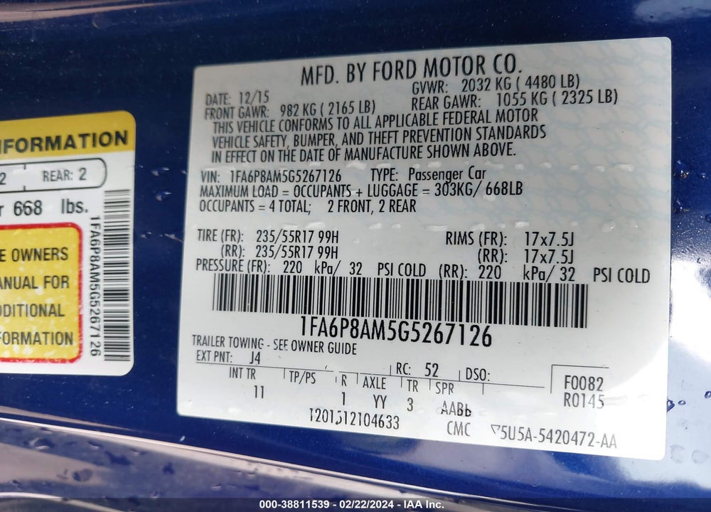 2016 FORD MUSTANG V6 VIN: 1FA6P8AM5G5267126