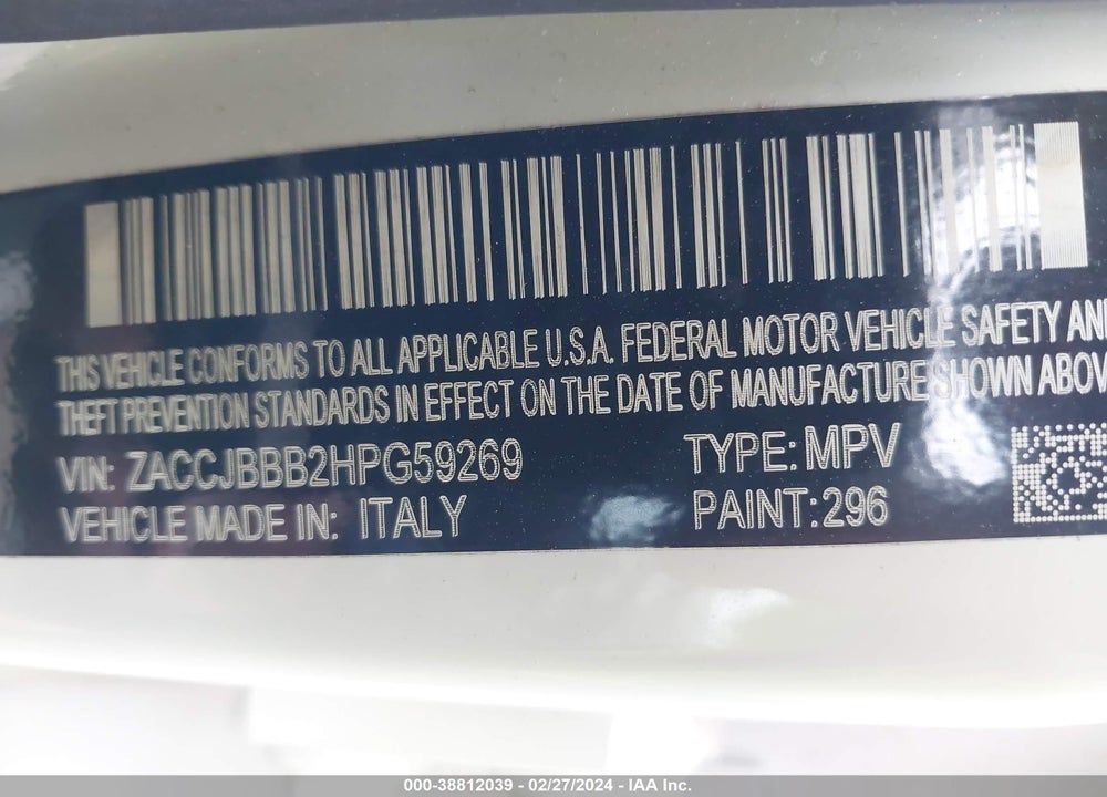 2017 JEEP RENEGADE LATITUDE 4X4 VIN: ZACCJBBB2HPG59269