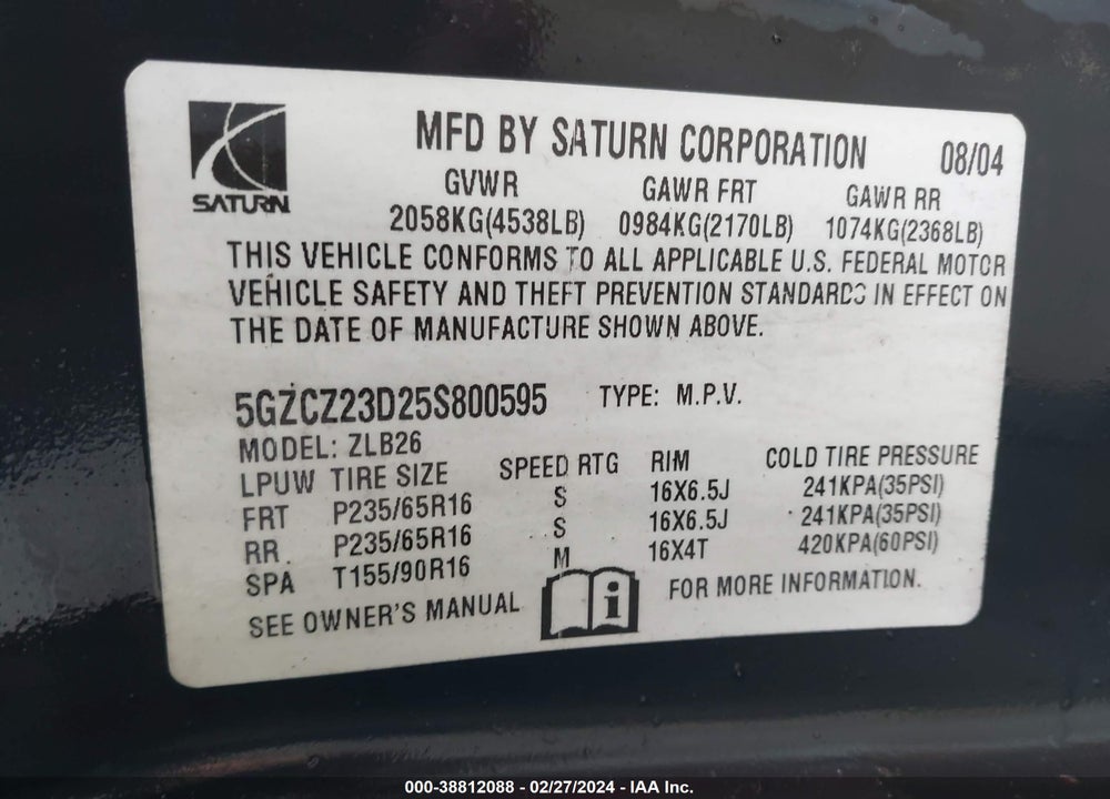 2005 SATURN VUE 4 CYL VIN: 5GZCZ23D25S800595