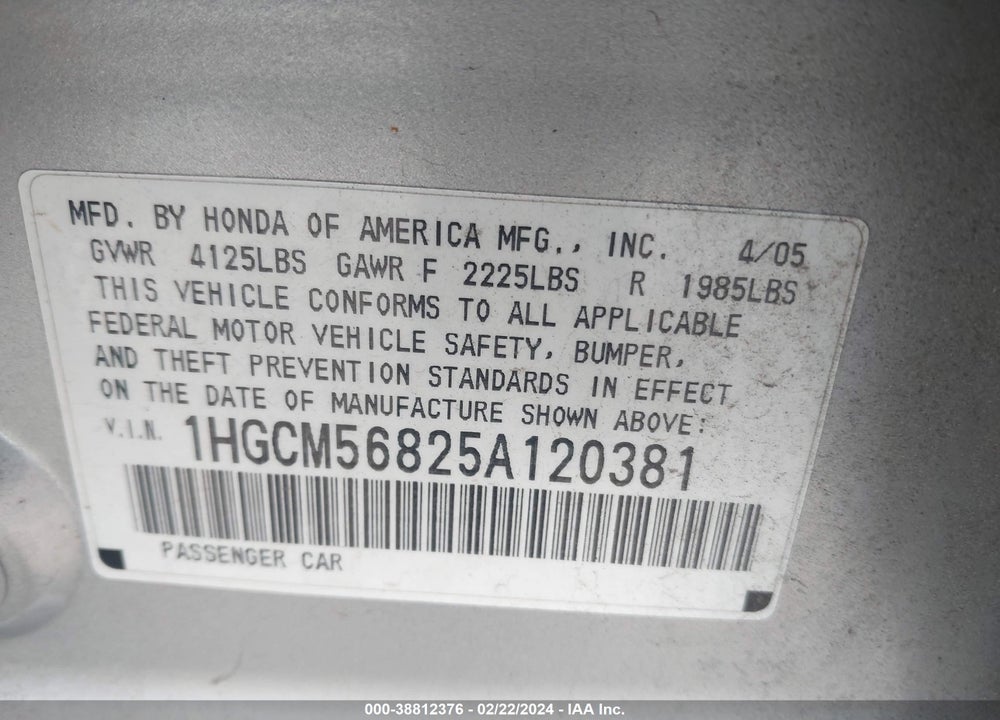 2005 HONDA ACCORD 2.4 EX VIN: 1HGCM56825A120381