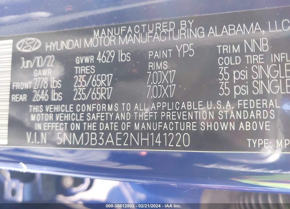 2022 HYUNDAI TUCSON SEL VIN: 5NMJB3AE2NH141220