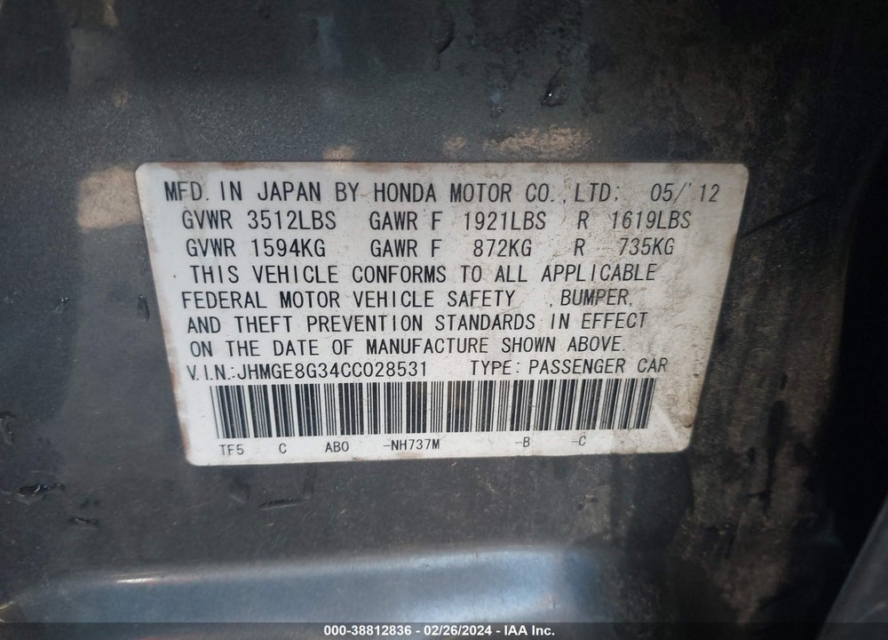 2012 HONDA FIT VIN: JHMGE8G34CC028531