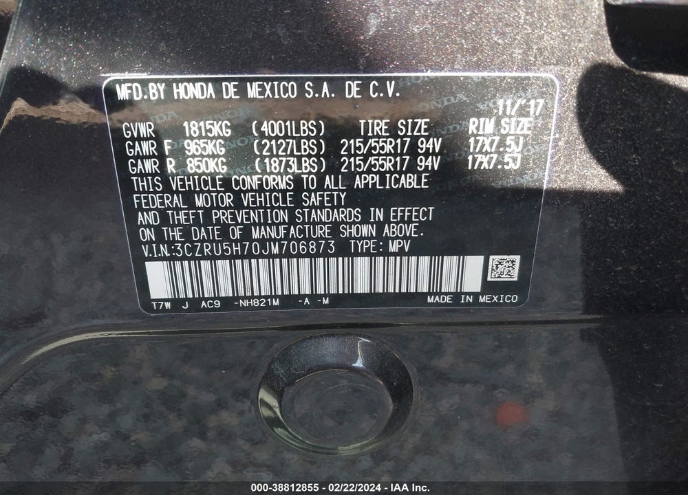 2018 HONDA HR-V EX-L VIN: 3CZRU5H70JM706873