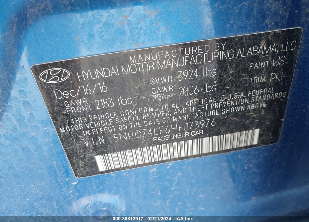 2017 HYUNDAI ELANTRA SE VIN: 5NPD74LF6HH173976