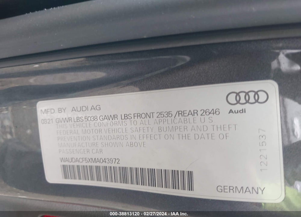 2021 AUDI A5 SPORTBACK PREMIUM 45 TFSI QUATTRO S TRONIC VIN: WAUDACF5XMA043972