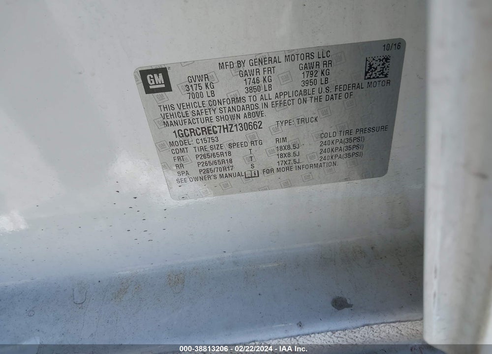 2017 CHEVROLET SILVERADO 1500 1LT VIN: 1GCRCREC7HZ130662