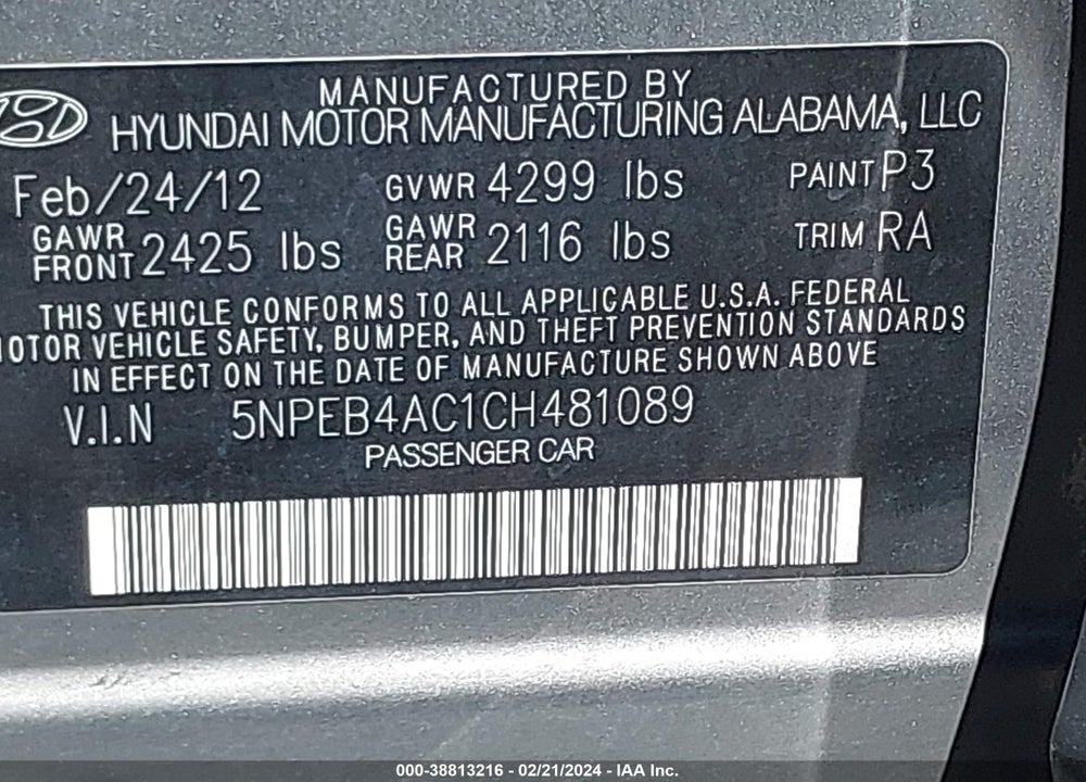 2012 HYUNDAI SONATA GLS VIN: 5NPEB4AC1CH481089