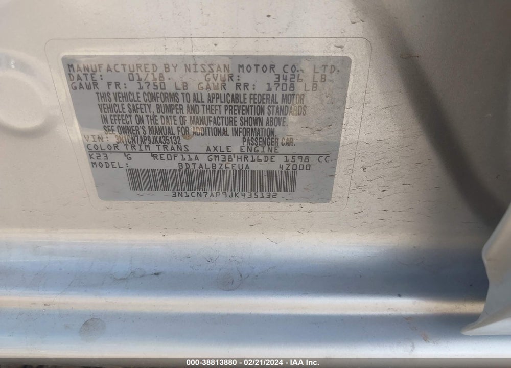 2018 NISSAN VERSA 1.6 SV VIN: 3N1CN7AP9JK435132
