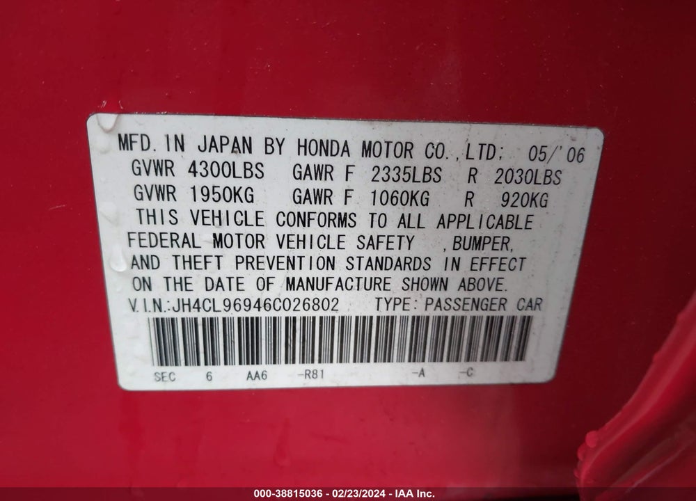 2006 ACURA TSX VIN: JH4CL96946C026802