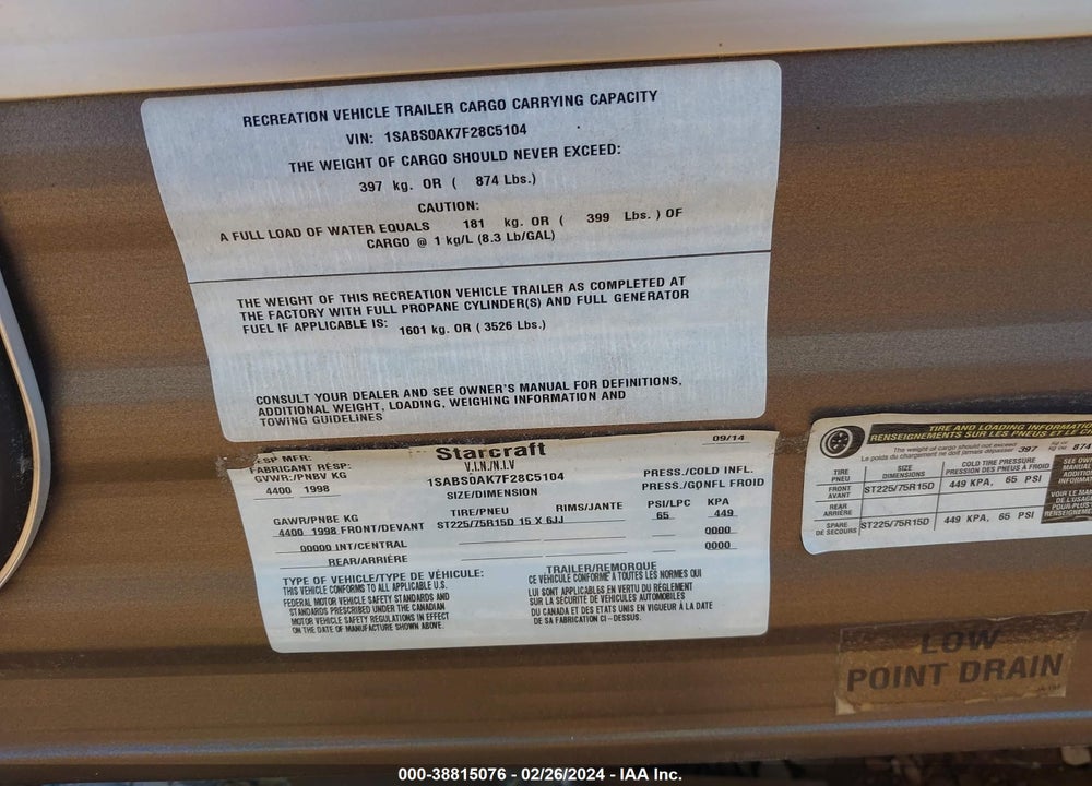 2015 STARCRAFT TRAVEL TRAILER VIN: 1SABS0AK7F28CG104