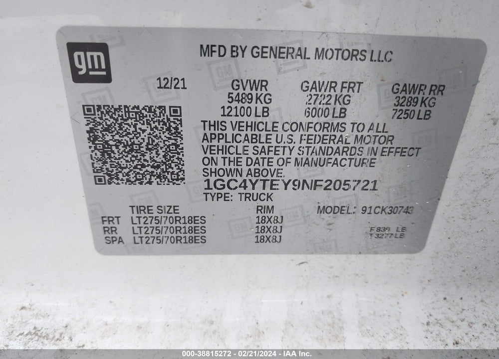 2022 CHEVROLET SILVERADO 3500HD 4WD  STANDARD BED LT VIN: 1GC4YTEY9NF205721