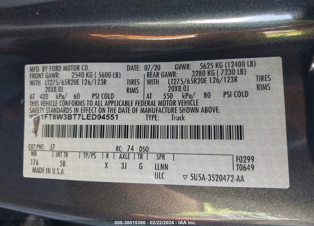 2020 FORD F-350 LARIAT VIN: 1FT8W3BT7LED94551