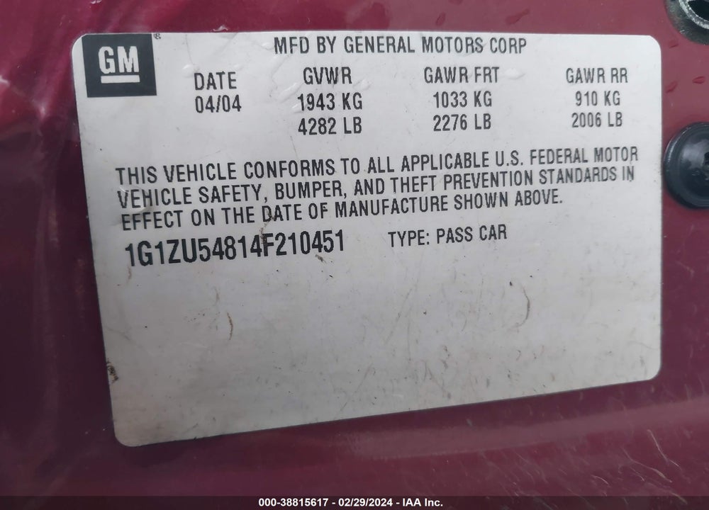 2004 CHEVROLET MALIBU VIN: 1G1ZU54814F210451