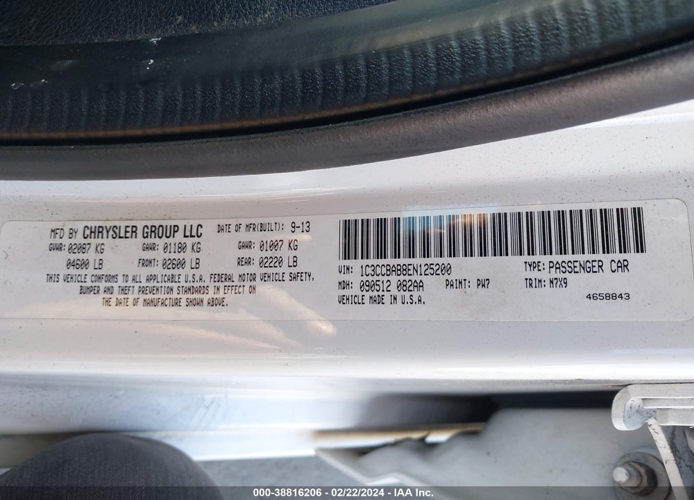 2014 CHRYSLER 200 LX VIN: 1C3CCBAB8EN125200