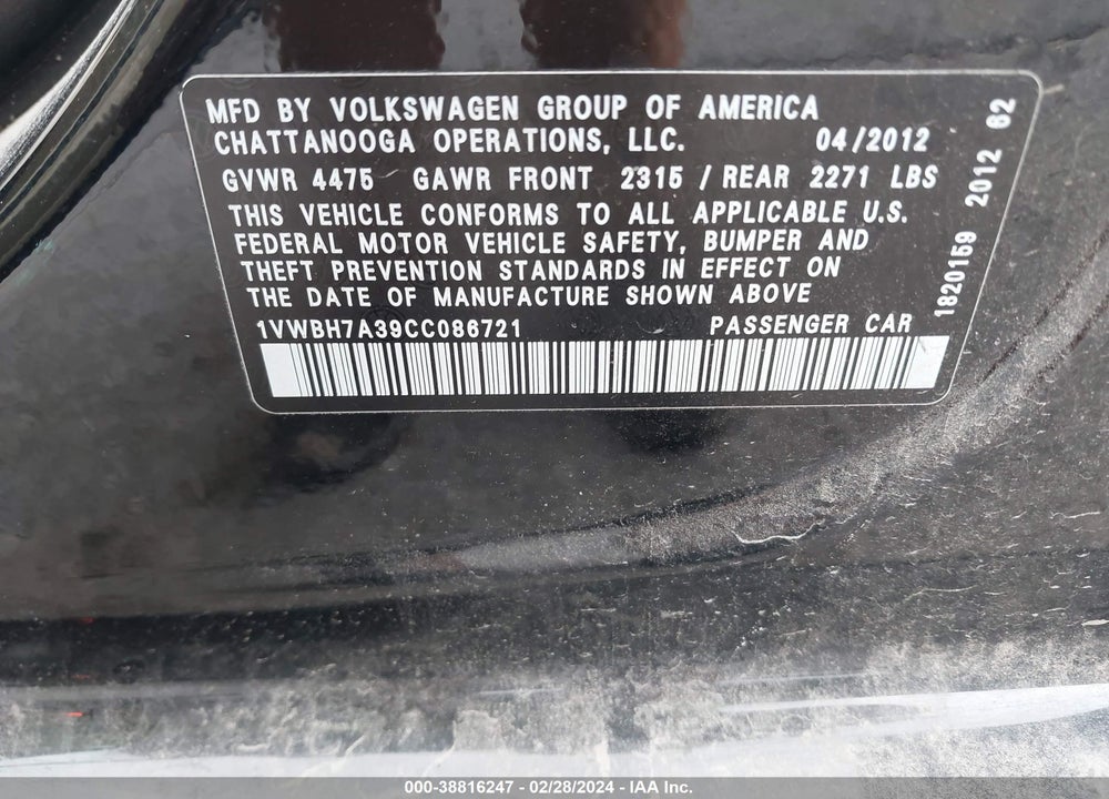 2012 VOLKSWAGEN PASSAT 2.5L SE VIN: 1VWBH7A39CC086721