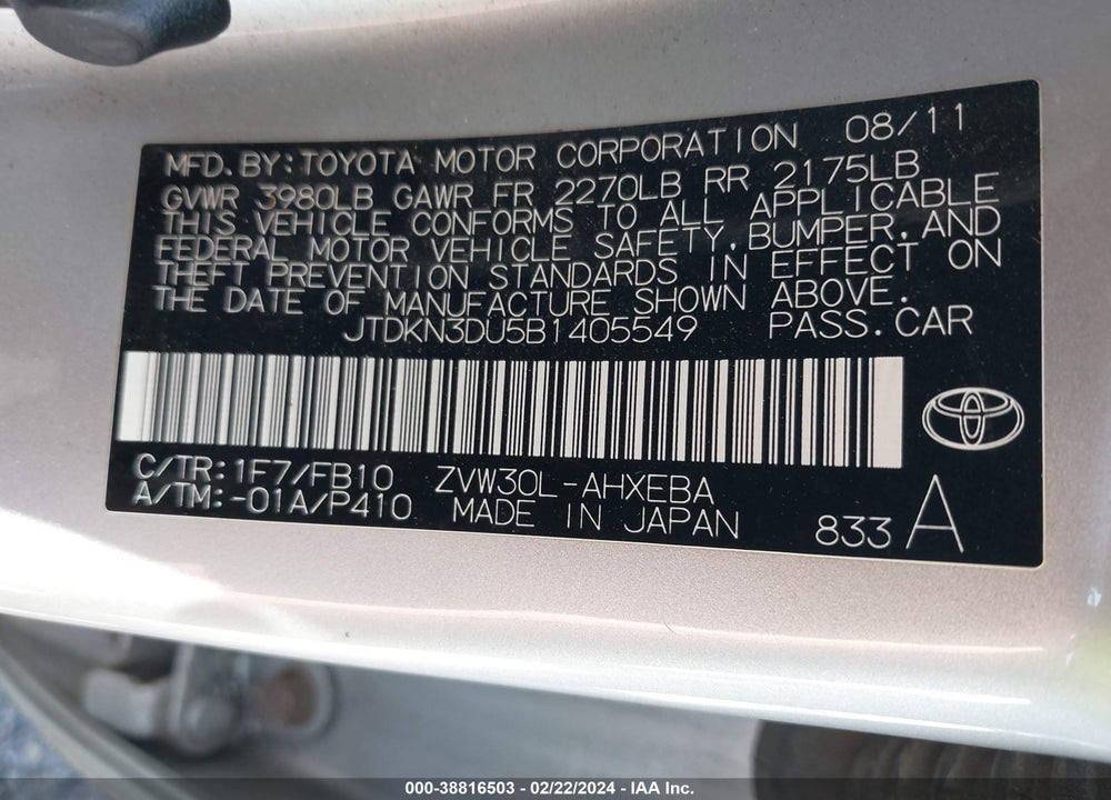 2011 TOYOTA PRIUS VIN: JTDKN3DU5B1405549