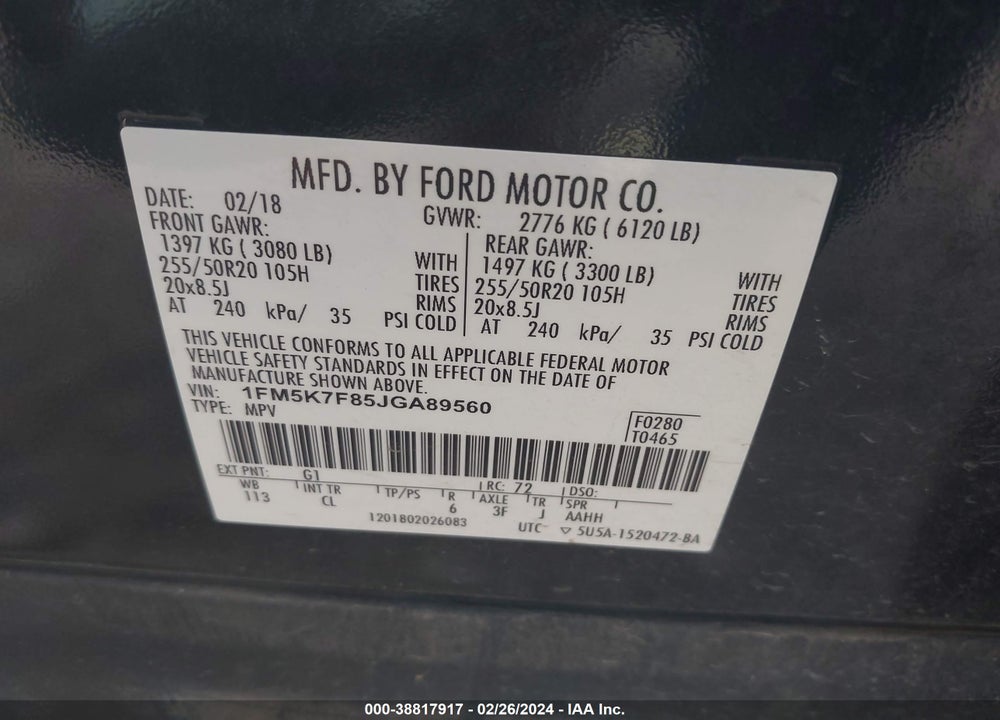 2018 FORD EXPLORER LIMITED VIN: 1FM5K7F85JGA89560