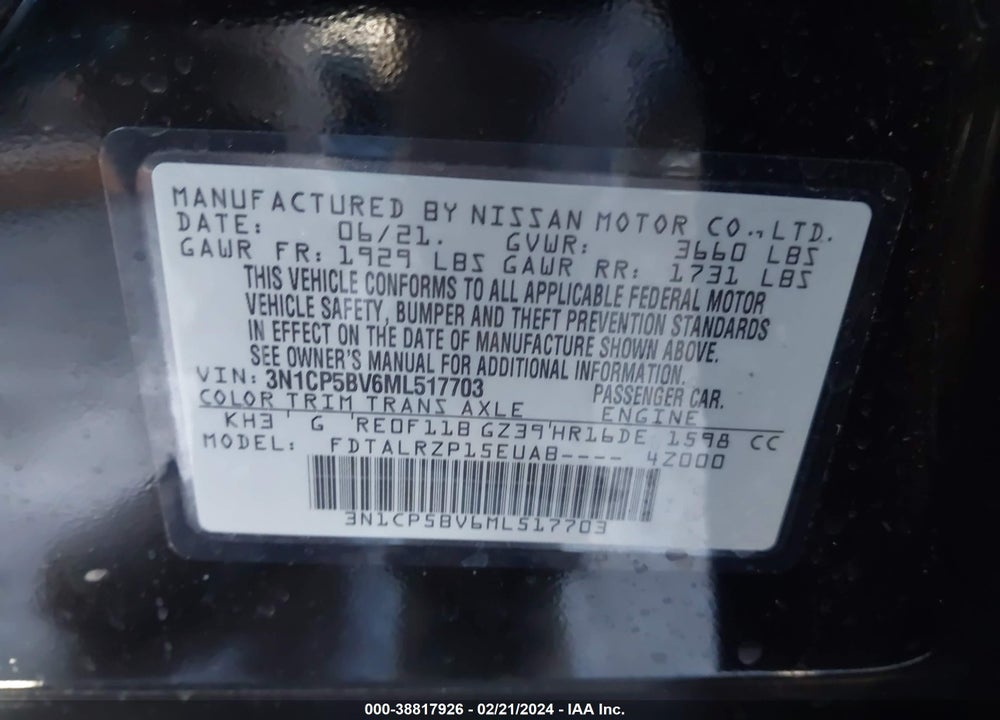 2021 NISSAN KICKS S XTRONIC CVT VIN: 3N1CP5BV6ML517703