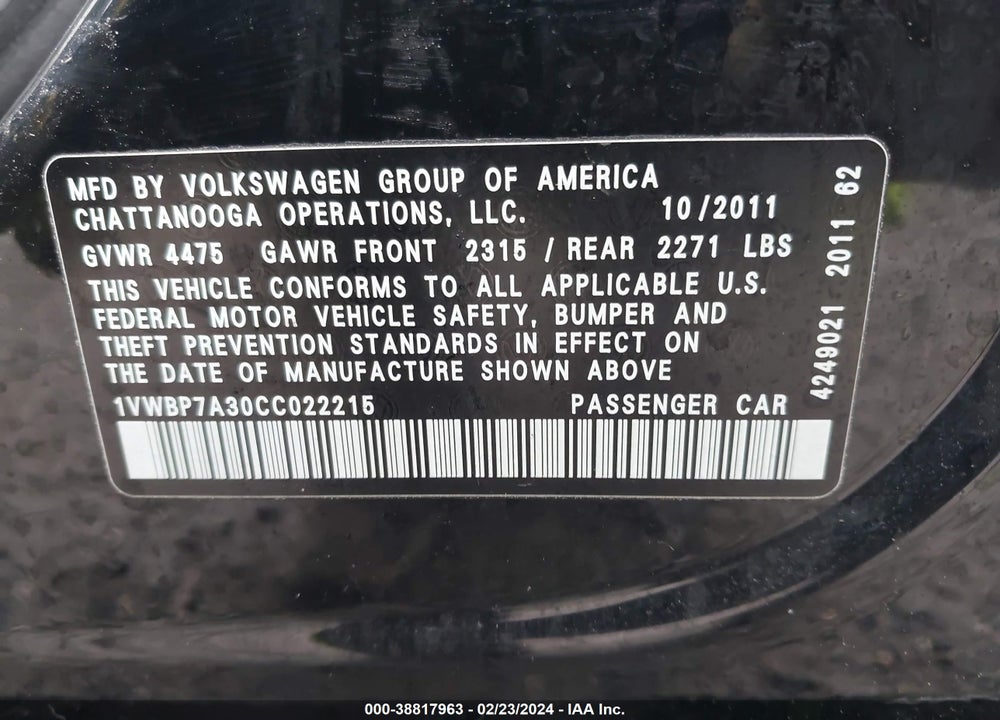 2012 VOLKSWAGEN PASSAT 2.5L SE VIN: 1VWBP7A30CC022215