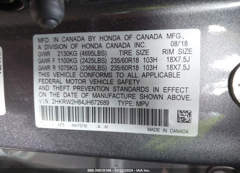 2018 HONDA CR-V EX-L/EX-L NAVI VIN: 2HKRW2H84JH672689