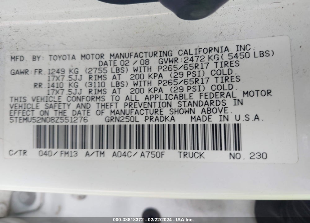2008 TOYOTA TACOMA BASE V6 VIN: 5TEMU52N08Z551276