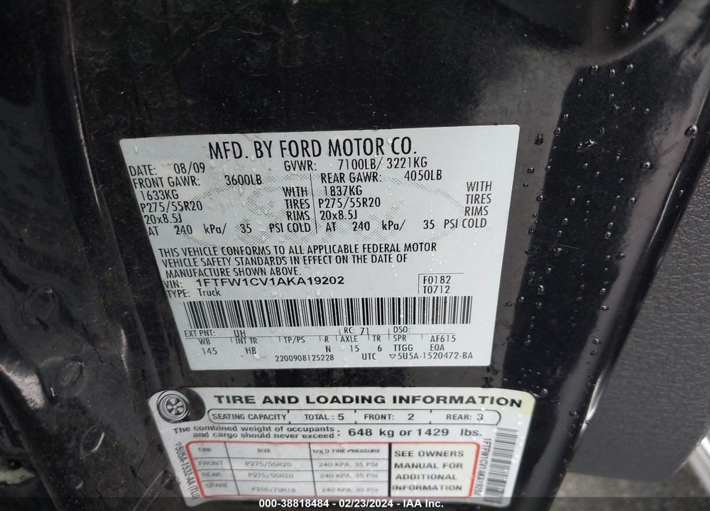 2010 FORD F-150 LARIAT VIN: 1FTFW1CV1AKA19202