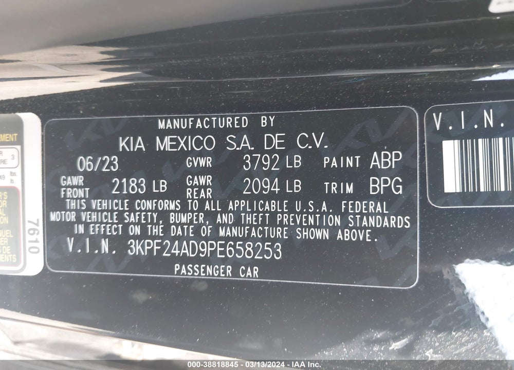 2023 KIA FORTE LXS VIN: 3KPF24AD9PE658253