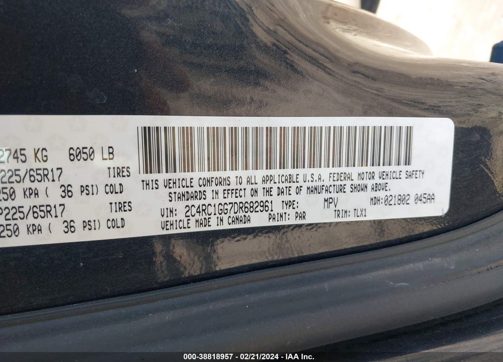 2013 CHRYSLER TOWN & COUNTRY LIMITED VIN: 2C4RC1GG7DR682961