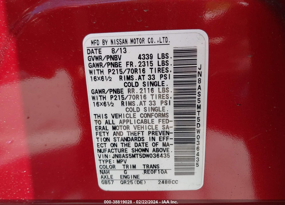 2013 NISSAN ROGUE S VIN: JN8AS5MT5DW036435