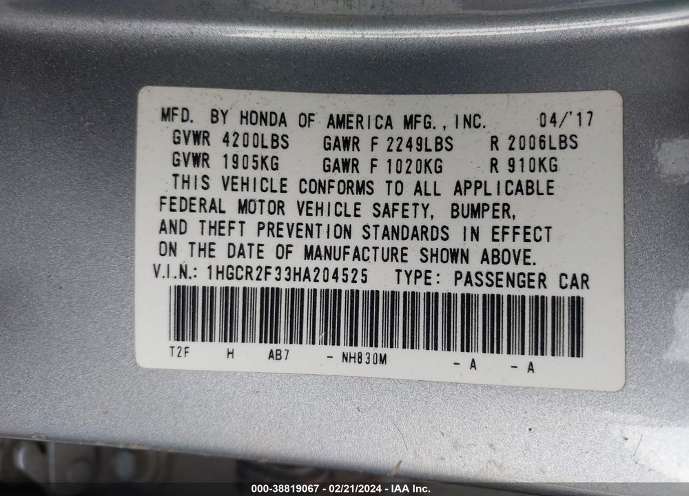 2017 HONDA ACCORD LX VIN: 1HGCR2F33HA204525