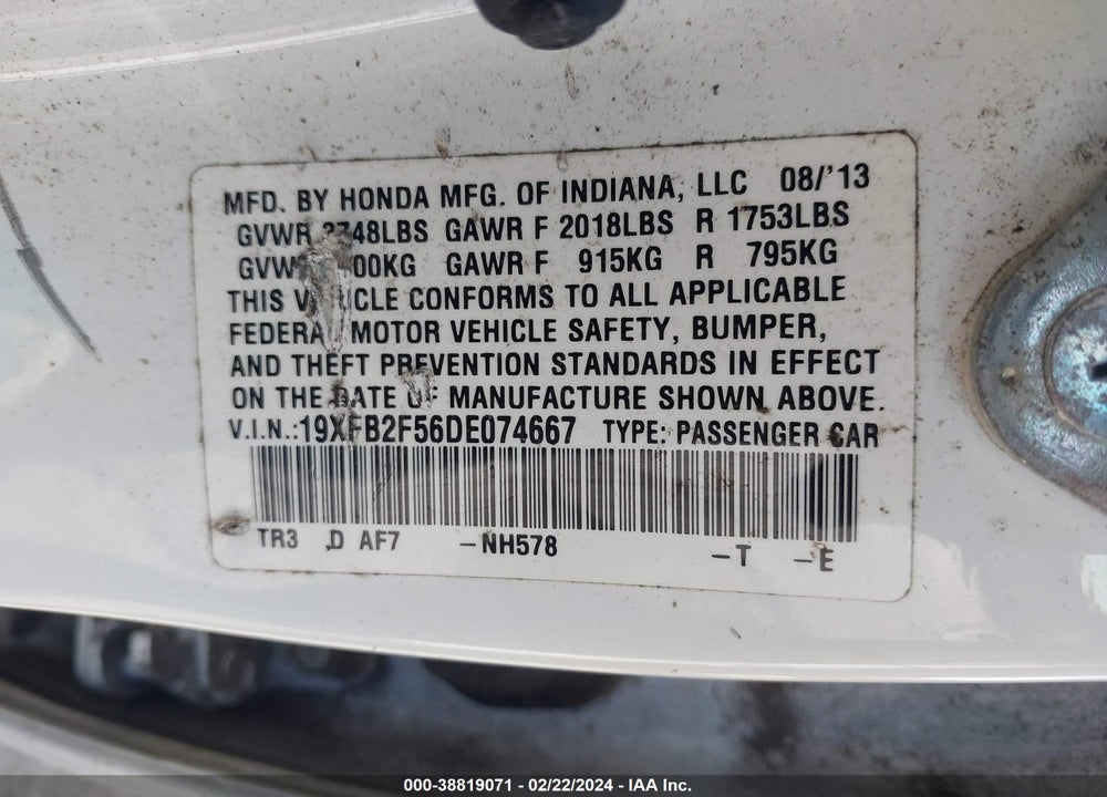2013 HONDA CIVIC LX VIN: 19XFB2F56DE074667