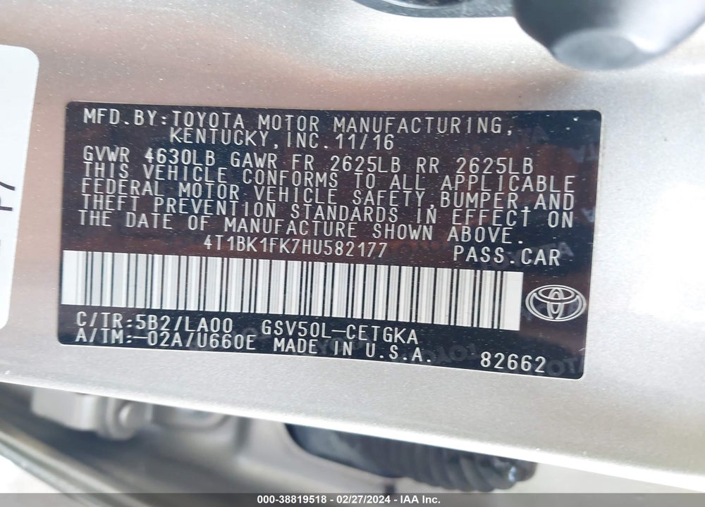 2017 TOYOTA CAMRY XLE V6 VIN: 4T1BK1FK7HU582177