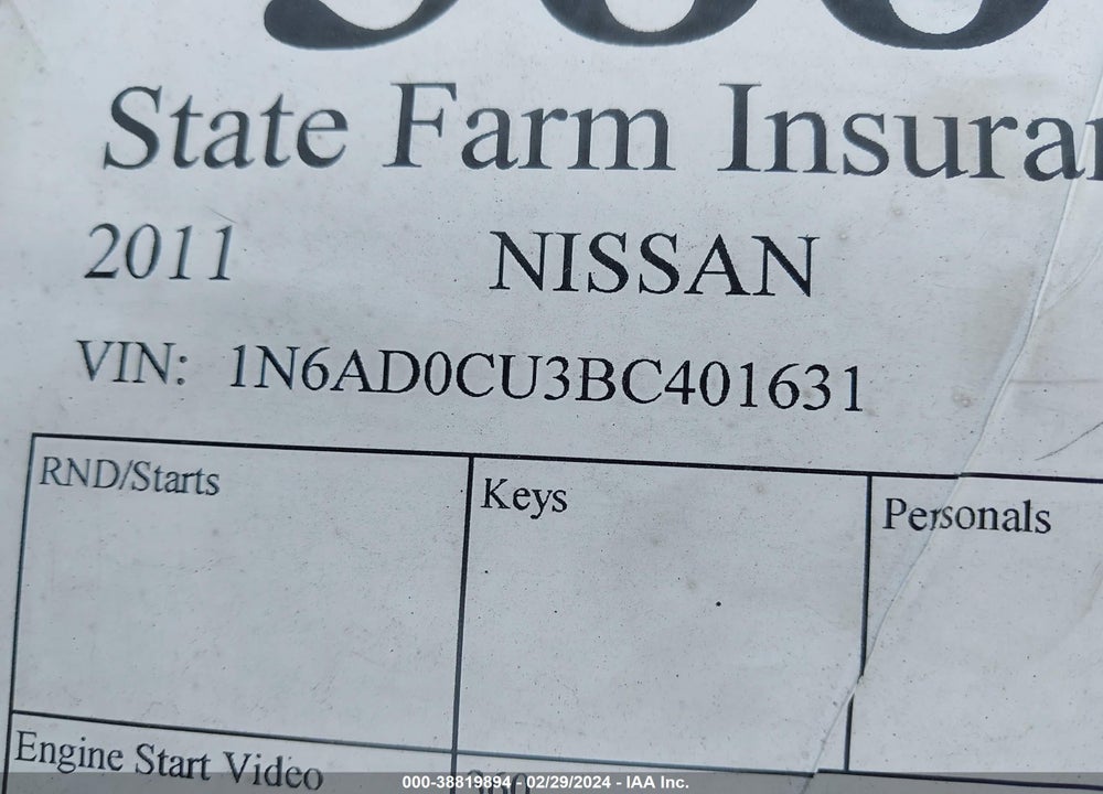 2011 NISSAN FRONTIER SV VIN: 1N6AD0CU3BC401631