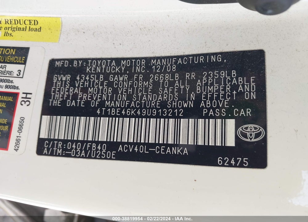 2009 TOYOTA CAMRY LE VIN: 4T1BE46K49U913212