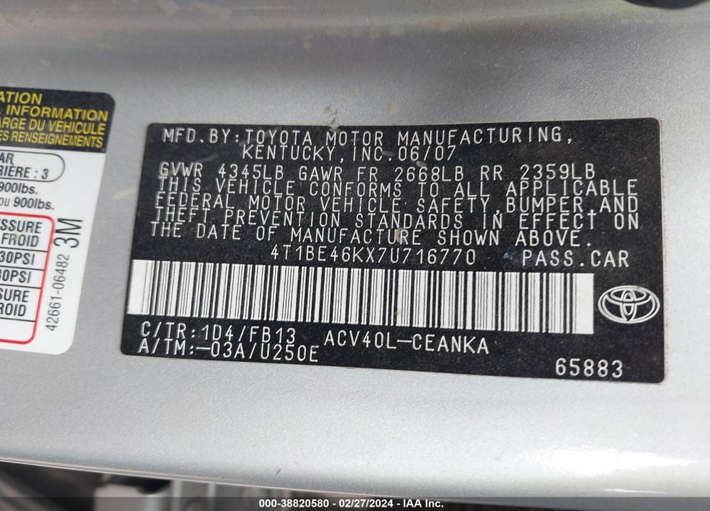 2007 TOYOTA CAMRY VIN: 4T1BE46KX7U716770