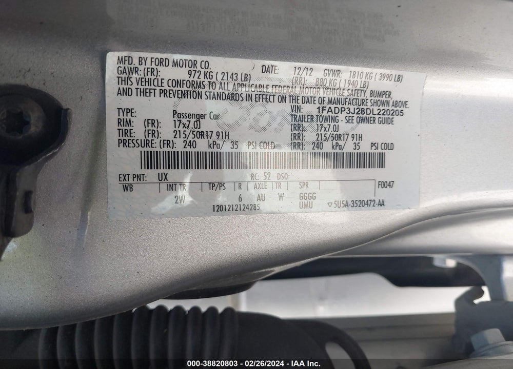 2013 FORD FOCUS TITANIUM VIN: 1FADP3J28DL220205