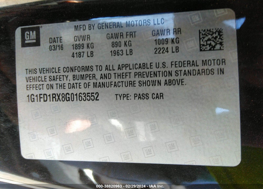 2016 CHEVROLET CAMARO 2LT VIN: 1G1FD1RX8G0163552