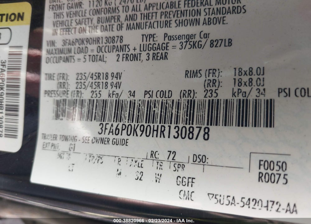 2017 FORD FUSION VIN: 3FA6P0K90HR130878