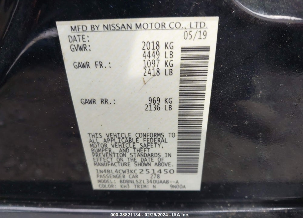 2019 NISSAN ALTIMA 2.5 SR VIN: 1N4BL4CW3KC251450