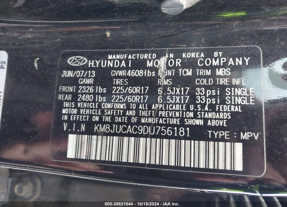2013 HYUNDAI TUCSON GLS VIN: KM8JUCAC9DU756181