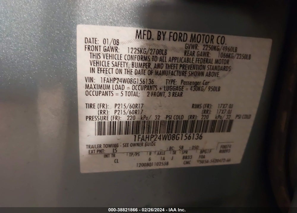 2008 FORD TAURUS SEL VIN: 1FAHP24W08G156136