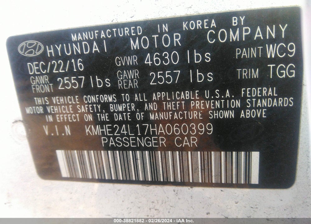 2017 HYUNDAI SONATA HYBRID SE VIN: KMHE24L17HA060399