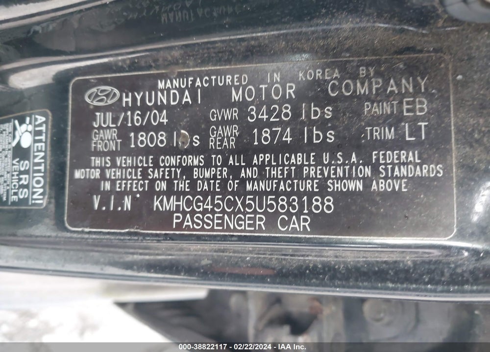 2005 HYUNDAI ACCENT GLS VIN: KMHCG45CX5U583188