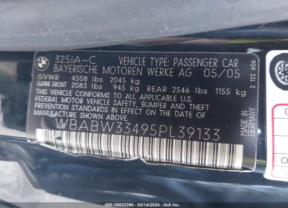 2005 BMW 325CI VIN: WBABW33495PL39133