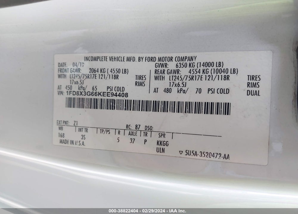 2019 FORD F350 SUPER DUTY VIN: 1FD8X3G66KEE94408