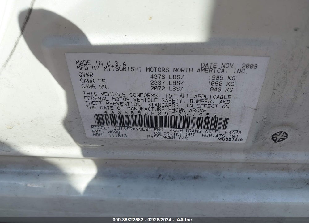 2009 MITSUBISHI GALANT ES VIN: 4A3AB56F39E037953
