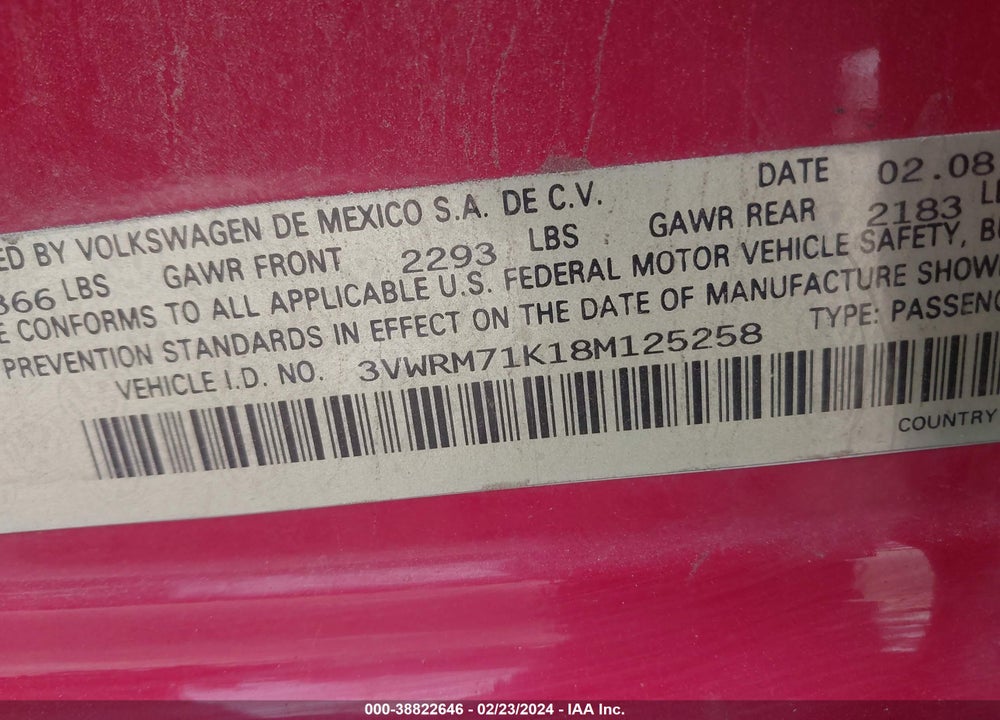 2008 VOLKSWAGEN JETTA SE VIN: 3VWRM71K18M125258