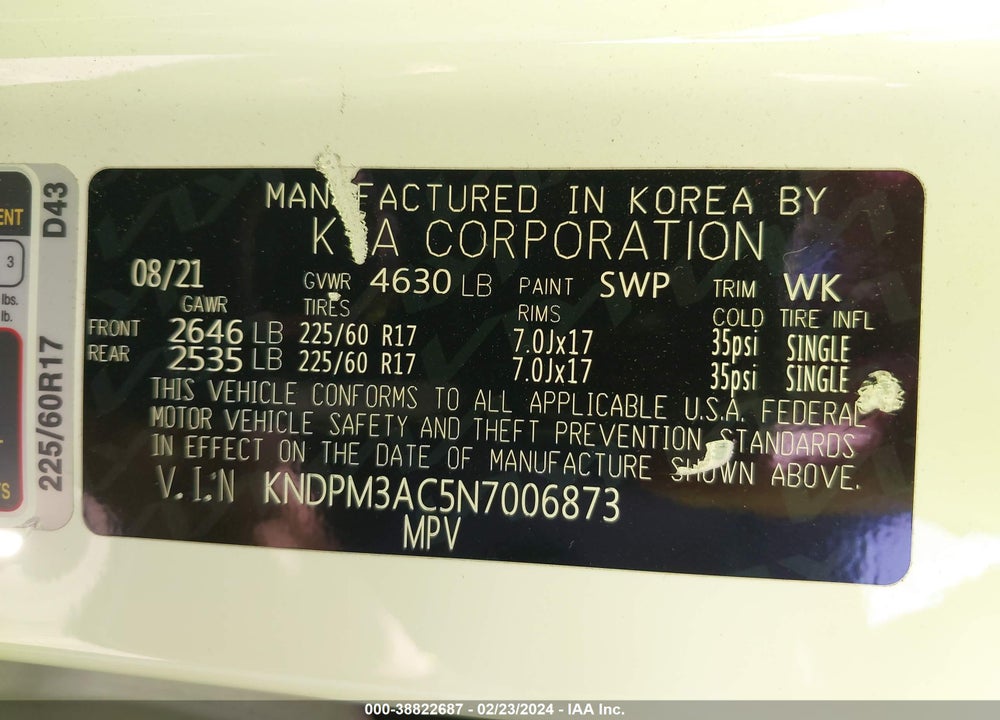 2022 KIA SPORTAGE VIN: KNDPM3AC5N7006873